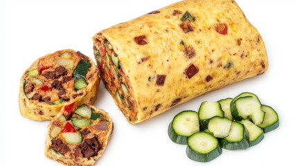 Delicious homemade savory egg roll with colorful vegetables. Perfectly sliced for a healthy snack or meal.
