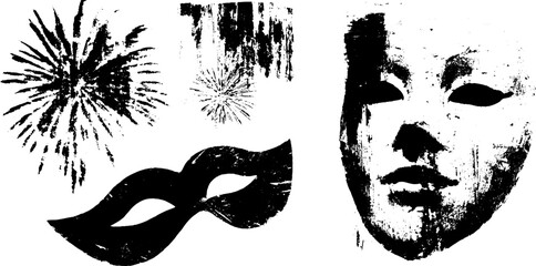 Black ink silhouettes of carnival masks and fireworks for celebration design