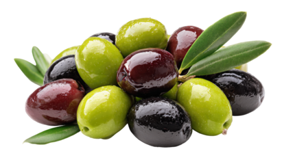 Cluster of green and black olives with leaves