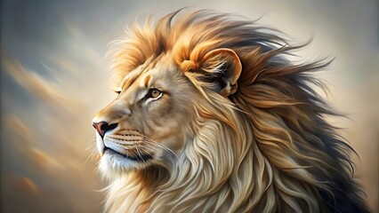 Fototapeta premium Majestic lion with a golden mane gazing into the distance, showcasing its regal beauty and powerful presence in nature