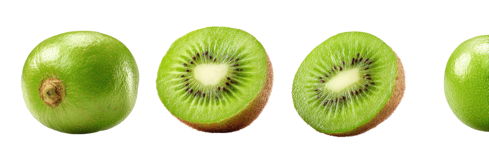 Four kiwi fruit, two whole and two sliced, against a black background