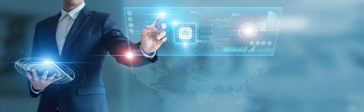 Businessman working with digital device with Quantum Computing, qubit analysis, advanced algorithms, high-performance processing, futuristic technology