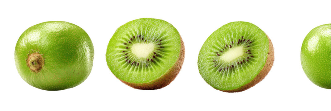 Four kiwi fruit, two whole and two sliced, against a black background - Powered by Adobe