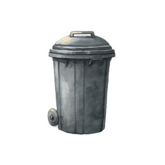 Watercolor gray trash can with lid on wheels, cut out