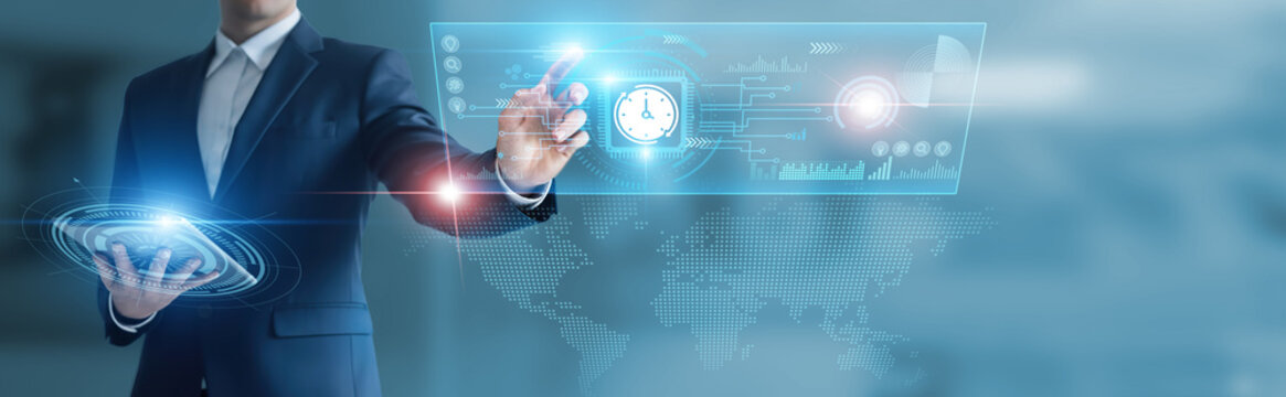 Businessman working with digital device with time management, scheduling tools, productivity tracking, workflow optimization, task organization, efficiency planning, calendar management