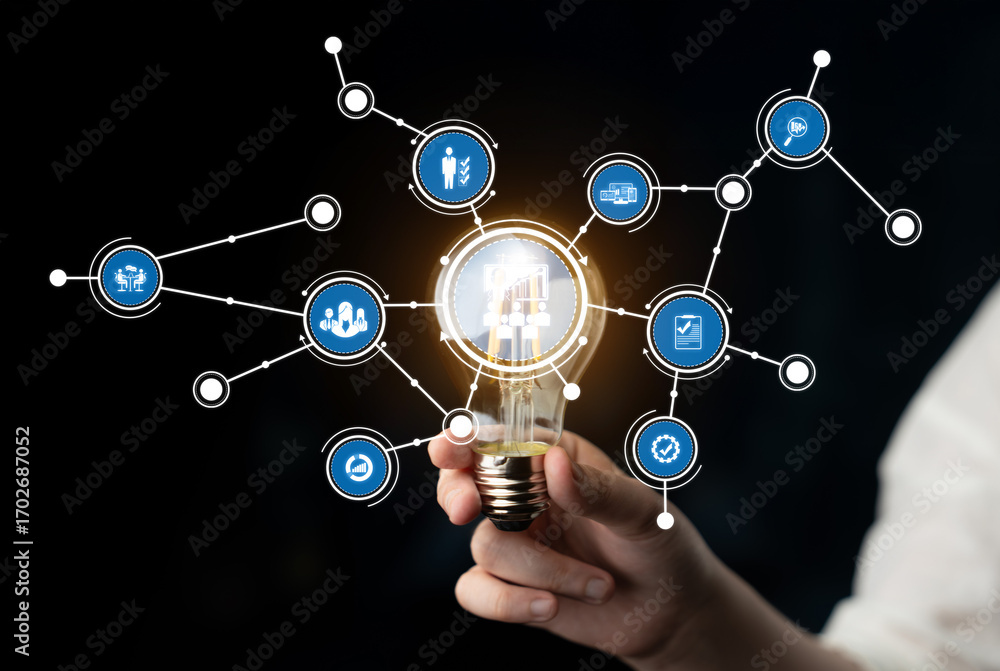 Poster a hand holding a lightbulb with interconnected digital icons symbolizing innovation, technology, and
