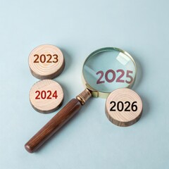 Magnifying glass focuses on the year 2025 with surrounding years 2023 2024 and 2026 on wooden discs