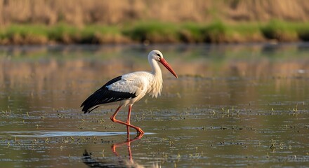 White Stork wading in shallow water.