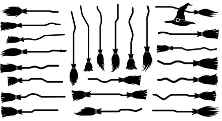 Set of various witch brooms silhouette vector illustration. Halloween broomsticks set. broom Vector
