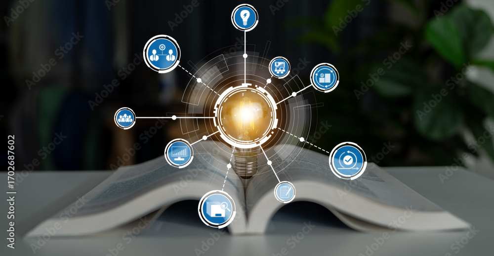 Poster this image features an open book with illuminated icons floating above, symbolizing the intersection