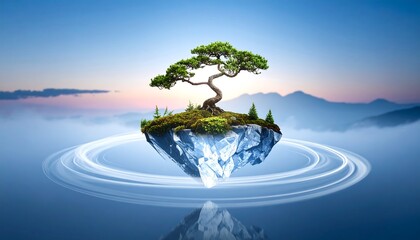 Floating Island with Bonsai Tree and Mountain Reflection