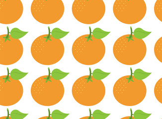 Seamless pattern of fresh oranges with green leaves on a white background