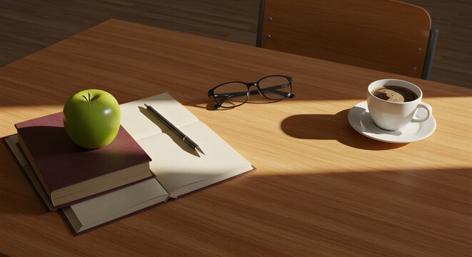 A desk with books, a green apple, glasses, a pen, a notebook and a cup of coffee in the sunlight - Powered by Adobe