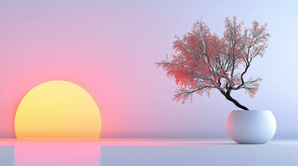 Minimalist white background with serene sunrise and black tree