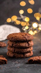 Stack of dark chocolate cookies on dark surface with blurred lights