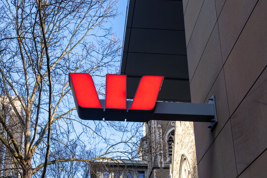 Melbourne, Australia - August 30, 2025: Close up of Westpac Bank logo on the building in Melbourne, Australia. Westpac is one of Australia's Big Four banks. 