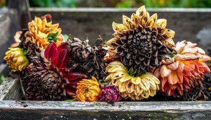 Withered flowers in a wooden planter