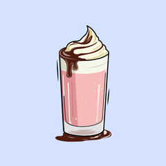 A Pink Strawberry Milkshake Topped With Whipped Cream And Chocolate Drizzle Vector Illustration