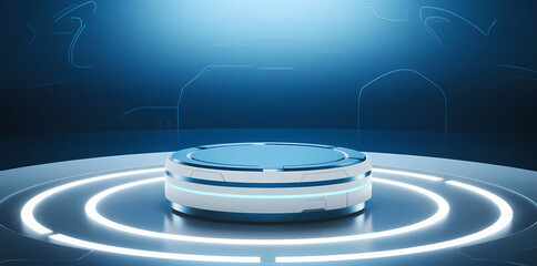 Obraz premium Futuristic Platform with Neon Lights in a Blue-Tinted Environment