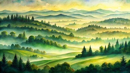 Fototapeta premium Sunrise over misty rolling hills and forests, a vibrant landscape painting with golden light and green hues