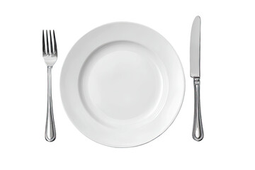 Empty white plate with fork and knife