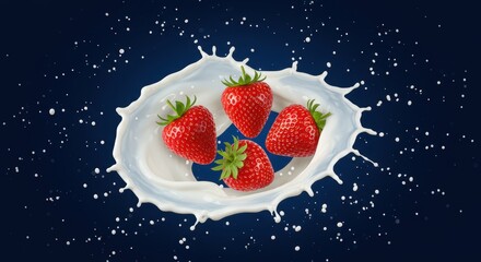 Luscious strawberries splash into creamy milk a vibrant explosion of freshness and flavor on dark backdrop creating dynamic delicious imagery