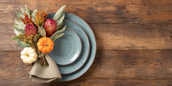 Blue plate with a napkin on top of it