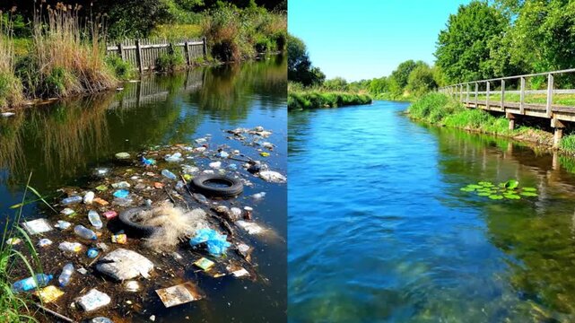 Contrast of clean river vs polluted stream, highlighting environmental pollution and conservation