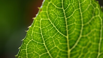 Close up of a vibrant green leaf with intricate vein patterns and serrated edges