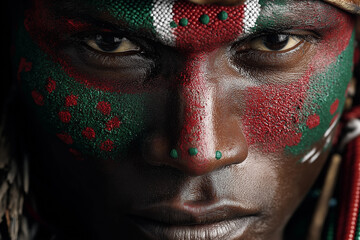 Close-up of an African man with white dots and red shapes painted on his face