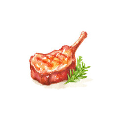 Watercolor grilled pork chop with rosemary on white background, cut out
