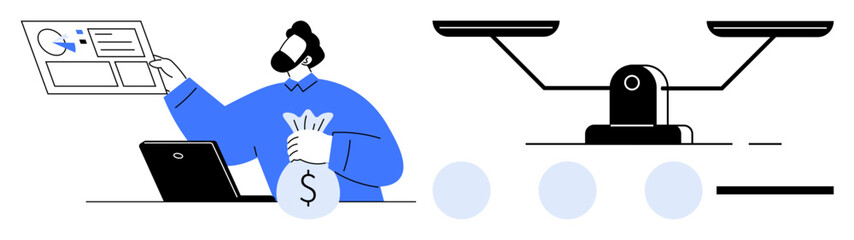 Man analyzing financial data on a laptop, holding a money bag, with scales symbolizing balance and fairness. Ideal for finance, investment, planning, equality, justice decision analysis. Simple