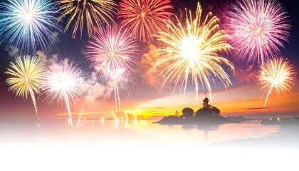 Spectacular Colorful Fireworks Exploding Over the Sea at Sunset.