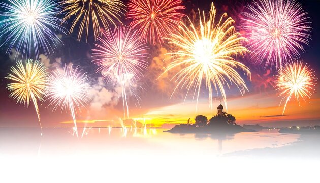 Spectacular Colorful Fireworks Exploding Over the Sea at Sunset.