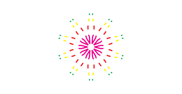 Abstract radial design with pink, red, yellow, and green on a dark background, vivid and