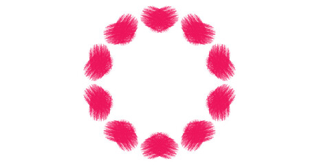 Circular arrangement of magenta heart shapes on black, expressive brushstroke style,