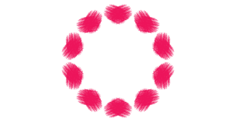 Circular arrangement of magenta heart shapes on black, expressive brushstroke style,