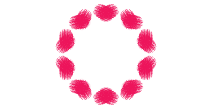 Circular arrangement of magenta heart shapes on black, expressive brushstroke style,