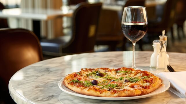 Delicious pizza topped with olives and herbs served alongside a glass of red wine in a cozy restaurant