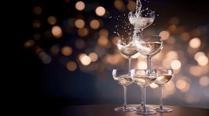Elegant champagne glasses stacked with sparkling liquid, creating a festive atmosphere with bokeh background