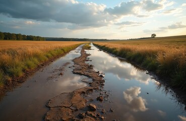 Wet country road with puddles reflecting the sky after rain. Empty path winds through golden fields toward the horizon. Overcast weather creates dramatic clouds over rural landscape.
