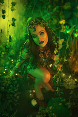 Portrait river nymph fairy fantasy woman beauty face eyes looking to camera holiday make-up black lips. night dark room full fog magic light. Sexy elf girl witch gothic style dress halloween costume