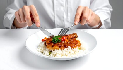 Person eating delicious meal of chicken and rice with silverware.