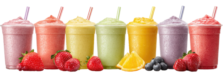 Variety of colorful frosty drinks in clear cups, garnished with fresh fruit and straws