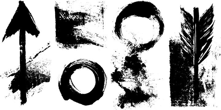 Abstract black ink silhouette set with constructivist design elements for creative posters