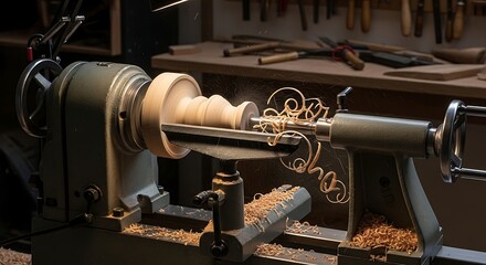 Fototapeta premium Woodturning lathe in workshop creating art.