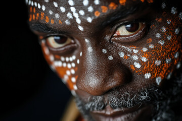Close-up of an African man with white dots and red shapes painted on his face