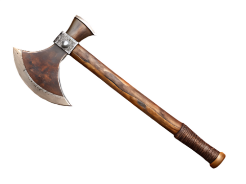 Rustic Viking Axe with Leather Wrapped Handle and Metal Details battle axe medieval weapon isolated on a transparent background
