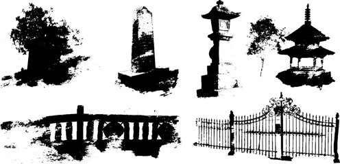 Obraz premium Set of black ink silhouettes featuring crypts and cemetery elements for halloween design