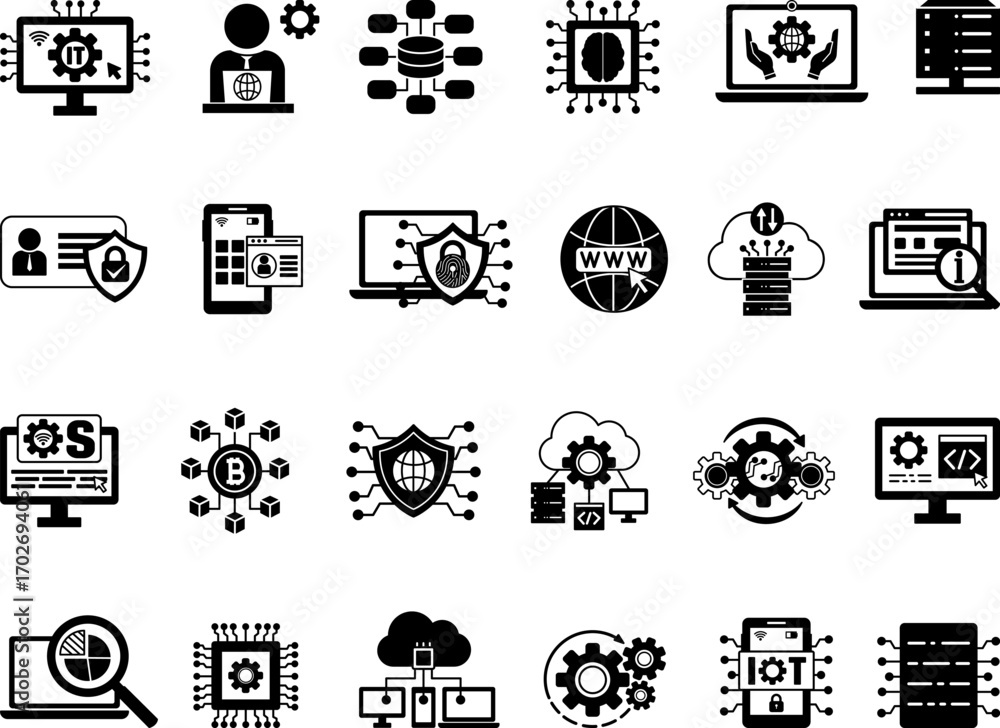 Poster black icon set information technology. vector illustrations it manager, data analytics, digital data